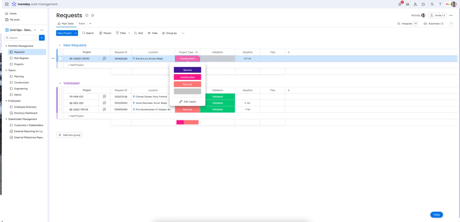 Stakeholders en klanten per project in een monday.com bord