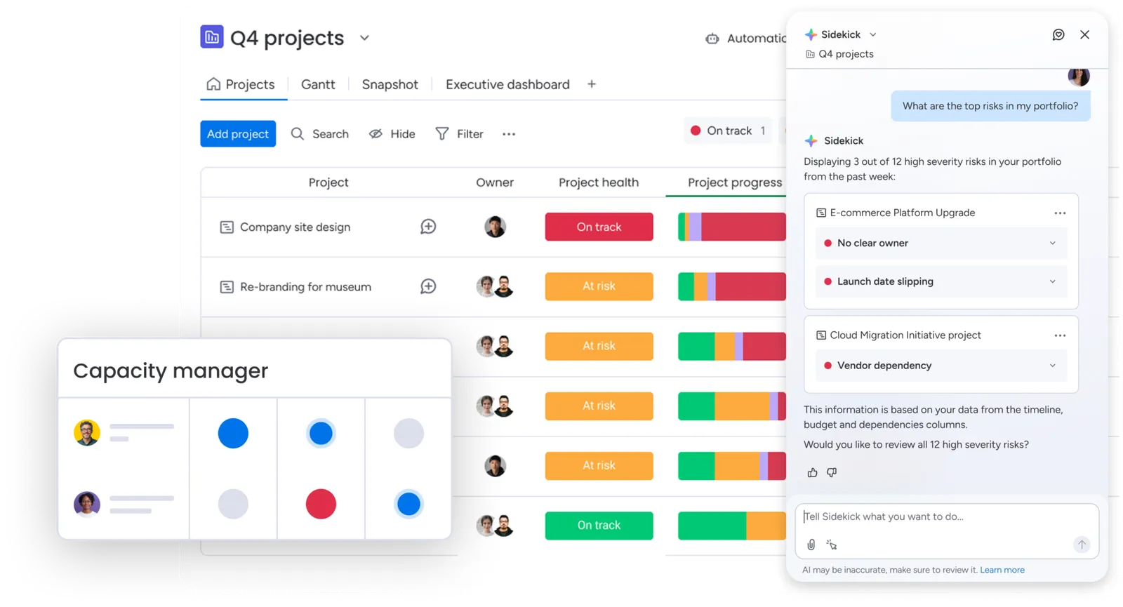 Een projectportfolio in monday Work Management met capaciteitsoverzicht